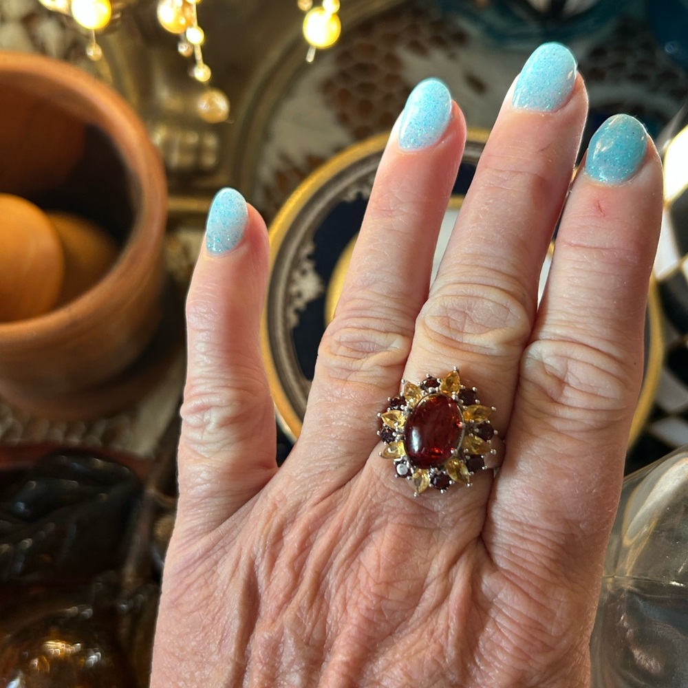 Vintage Baltic Amber Citrine & Garnet Sterling Silver Cocktail Ring - Picture 8 of 15